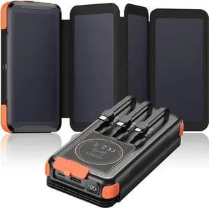 JAENFONG Solar-Charger-Power-Bank-49800mAh 20W Fast Charging Portable Charger with Built-in 3 Cables & 4 Solar Panels USB C Solar Battery Bank with LED Flashlights for Smartphones Tablets