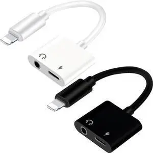 (2 Pack - White & Black) Lightning to 3.5mm Headphones Jack Adapter for iPhone MFi Certified Dongle 2 in 1 Aux Audio and Charger Splitter Adapter Compatible with iPhone 14/13/12/11/XS/XR/SE/8/7