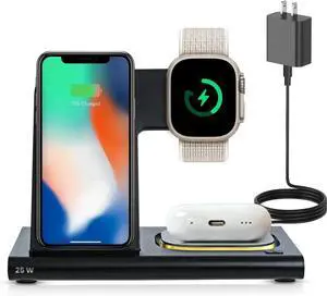 JAENFONG Flex Charge 3-3 in 1 Charging Station Portable Charging Station for Smartphones Smart Watches Earbuds 25W Fast Wireless Charger Stand Night Light Foldable Travel Charger 3 in 1 (Black)