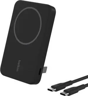 JAENFONG Portable Charger Wireless Power Bank 15W 5000mAh w/ Qi2 MagSafe Charger + Built-in Pop-up Kickstand - Compatible w/iPhone 16 15 14 Plus Pro Max Google Pixel 10 etc. - Black