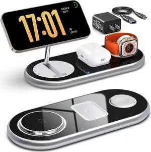 JAENFONG 3 in 1 Charging Station for Devices Faster Mag-Safe Charger Stand Magnetic Wireless Charger Station for iPhone 16 15 14 13 12 Pro Max Plus Watch iwacth & AirPods Adjustable Angle