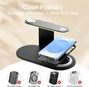 JAENFONG 4-in-1 Charging Station for /Android with 3-Level Night Light 18W Wireless Charger for Galaxy S25 Ultra/S24/S23/S22/Note 20 Galaxy Watch Ultra/8/7 Galaxy Buds 3 Pro(Black)