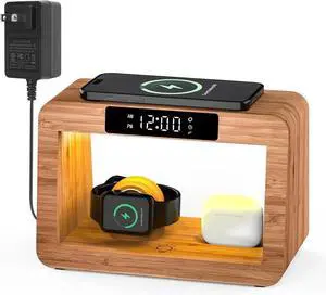 JAENFONG Bamboo Wireless Charging Station Night Light with Digital Alarm Clock Nightstand Charging Station for Devices Fast Wireless Charger for iPhone/ Watch/