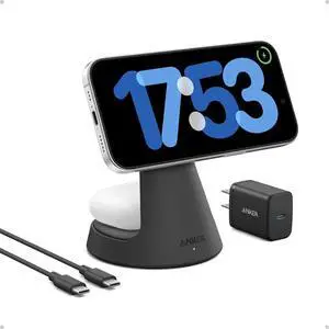 JAENFONG MagSafe Compatible 2-in-1 Charging Stand iPhone 16 Wireless Charger Qi2 Certified 15W Ultra-Fast Adjustable and Super Strong for iPhone 16/15/14/13/12 Series AirPods (Black with 40W Adapter)