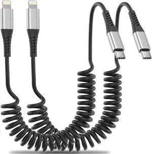 JAENFONG Coiled USB C to Lightning Cable for Car 2 Pack 3FT Carplay Cable Short Retractable iPhone Charger Fast Charging Cord for iPhone 14 13 12 11 Pro Max Xs X Xr 8/Airpods