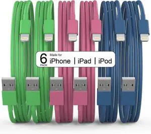 6Pack(3/3/6/6/6/10 FT) Original [ MFi Certified] iPhone Charger Fast Charging Lightning Cable iPhone Charger Cord for iPhone 14/13/12/11 Pro Max/XS MAX/XR/XS iPad AirPods-Green and Pink and Blue
