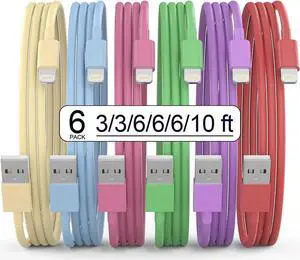 JAENFONG [ MFi Certified] iPhone Charger 6Pack(3/3/6/6/6/10 FT) Lightning Cable Charging Fast High Speed USB Compatible 14/13/12/11 Pro Max/XS MAX/XR/XS/X/8-multicolor