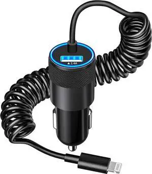 JAENFONG MFi CertifiediPhone Car Charger Fast Charging 4.8A USB Car Charger Fast Charging Cigarette Lighter Adapter with 6FT Coiled Lightning Cable for iPhone 14 13 12 11 Pro XS Max Mini XR X 8 iPad