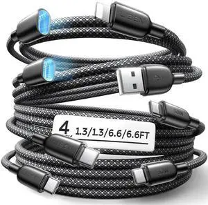 JAENFONG USB C Cable to Lighting Fast 4 in 1 Multi Charging Cable [4 Pack] 2*USB C to USB C 6.6FT 1*Lighting Extension Cable+1*C Female to USB A 1.6FT for iPhone 16/15/14 Pro max S25/24/23