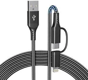 JAENFONG USB to USB-C and Lightning Cable Combo 6FT 2 in 1 Nylon Braided iPhone Charger Cable Carplay & Android Auto [MFi & 3A Fast Charge] Multi iPhone Charging Cable Cord for iPhone 16/15/14/Android