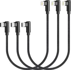 JAENFONG USB C to Lightning Cable 1ft 3 Pack MFi Certified Right Angle iPhone Charger 90 Degree Elbow Braided Lightning to USB C Cable for iPhone 13 12 11 Pro X XS XR 8 Plus 7 6 5 (Black)