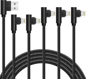 JAENFONG iPhone Cable 5 Pack(3/3/6/6/10FT) MFI Certified Cable Lightning Fast Charger Nylon Braided Data Cord 90 Degree Elbow for Game Video Compatible with iPhone 12 11 Pro Max XR XS Max iPod (Black)