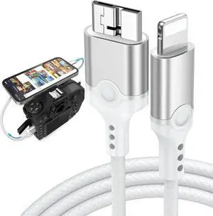 for Lightning to Micro B USB 3.0 Camera Adapter Cable MFi Certified for iPhone 14 13 12 11 XR 7 Plus Import Photos Video Micro B USB 3.0 DSLR Camera OTG Cable for Canon Nikon Nylon Braided Cord 3.3ft