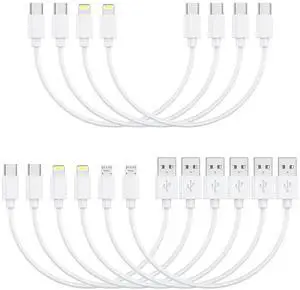 [10in 10-Pack] Multi Short USB/C Cables Fast Charge & Sync to Type-C/Lightning/Micro USB Cords Bulk for Charging Stations Compatible with iPhone16&15 iPhone5-14 iPads iPods Mobiles Tablets White