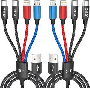 Travel Essentials Dual Type-C 4 in 1 Multi Charging Cable for Multiple Devices USB Cables Universal Phone Charger Cord with IP/Micro/2 USB-C Port for iPhone16/15/14 Android Tablet Pad 2Pack 5FT