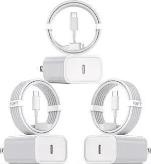 10Foot Fast iPhone Charging Cable 3-Pack Super Fast iPhone Charger USB C Charging Block Wall Charger PD Adapter with 10FT Type C to Lightning Cable Cord for iPhone 14/13/12/11Pro Max/XS Max/XS/XR/8/SE