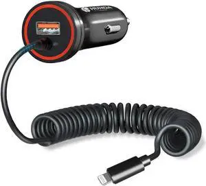 JAENFONG iPhone Car Charger 48W Super Fast Car Phone Charger Cigarette Lighter USB Car Adapter with Build-in 5FT Coiled Lightning Cable Compatible with iPhone 14/13/12/11/XR/Max iPad