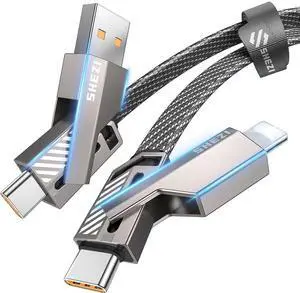 [Upgraded 2.0] 4-in-1 USB C Cable 60W 5FT Compatible with Lightning Cable [Fast Charging & Data Transfer] Flat Braided Multi Charger Cord Combo with L/USB C/A Port for iPhone/iPad & All Devices