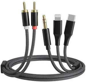 JAENFONG [3-in-1 RCA Audio Cable] Lightning/USB C/3.5mm to 2 RCA Compatible with iPhone Android Home Theater Car Stereo Speaker Amplifier 6FT Lightning to RCA Audio Adapter Cord