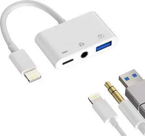 3.5mm Headphone to Lightning Jack USB Charger AUX 3in1 Cable Dongle Iphone Audio OTG Adapter for 14 13 12 11 Pro Max Xr X 8 7 Plus Ipad Camera Mouse Keyboard Memory Stick Flash Drive Card Reader