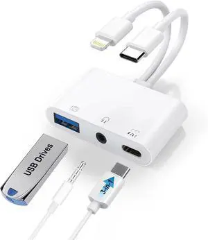 USB-C & Lightning to 3.5mm Headphone Adapter 3-in-1 USB OTG Camera Adapter & Aux Headphone Splitter Supports Charging/Audio/Data Transfer for iPhone 16/15/14/13/12 Galaxy S25/24 Laptops