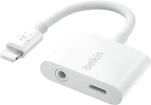 JAENFONG RockStar Lightning to 3.5mm Audio Cable + Audio Charger Splitter 2-in-1 Aux iPhone Headphone and Charger Adapter - Compatible with iPhone 14 13 12 11 X and More - White