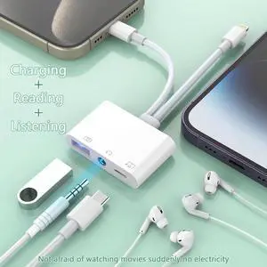 JAENFONG Lightning + USB C to Aux Audio Headphone Jack Adapter Multi USB OTG Camera Adapter+3.5mm Earphone Jack+Type-C Earphone/Charge Port Phone Splitter for iPhone 15/14/13 iPad Flash Drive