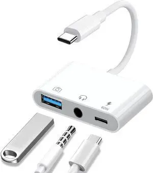 JAENFONG Aux to USB C to USB Adapter 3-in-1 USB OTG Adapter with USB C to 3.5mm Audio Adapter and 60W PD Fast Charging Port Compatible with iPhone 15/16 iPad Pro MacBook Galaxy S23 and More