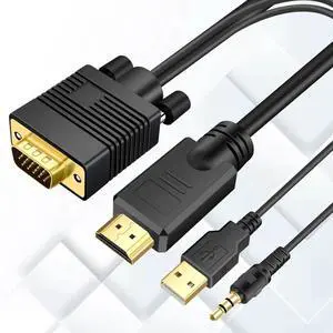 JAENFONG VGA (Sources) to HDMI (Display) Cable 6ft with Audio VGA Maleto HDMI Male Converter Cord Adapter Cable Compatible Witch Computer/Laptop to Monitor/TV Desktop Laptop Projector to Monitor HDTV