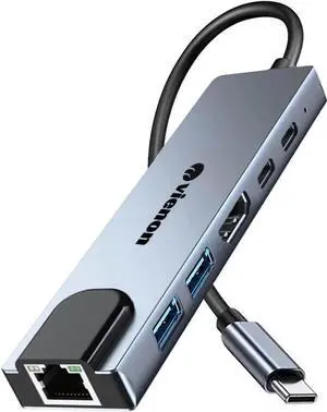 JAENFONG USB C Hub Ethernet HDMI Adapter 6 in 1 Laptop Docking Station with 4K HDMI RJ45 Ethernet LAN USB C Dongle for MacBook Pro/Air iPad Pro XPS etc