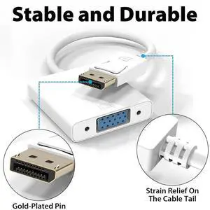 JAENFONG DisplayPort (DP) to VGA Cable Adapter 1080P DP Male to VGA Female Converter for Monitor Projector HDTV Gold-Plated Secure-Latch Display Port Connector 1 Pack for Laptop PC Desktop