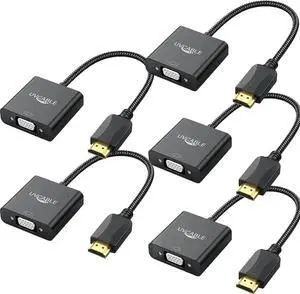 JAENFONG HDMI to VGA Adapter 5 Pack Black Braided HDMI to VGA Adapter Male to Female Cable 1080P for Desktop Laptop PC Monitor Projector HDTV Chromebook Raspberry Pi Xbox and More-Braided