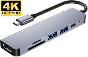 USB C Hub, 6-in-1 USB Type C Hub Adapter with 4K HDMI-Compatible Port ,2 USB 3.0 Ports, SD&Micro SD Card, PD Charging Lightweight Portable Aluminum Hub for Macbook/Pro and Other Type C Laptops