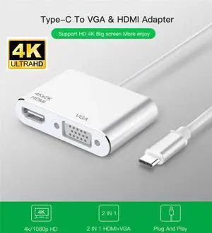JAENFONG USB C to HDMI Adapter,  USB C Hub to HDMI/VGA, 2 in 1 Thunderbolt 3 to HDMI 4K,1080P VGA Type C Port Compatible for MacBook,Nintendo Switch,USB C Device ,Silver