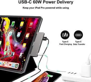 JAENFONG USB C Adapter, 7-in-1 Type-C Hub,iPad Pro 11/12.9 2018 2020, iPad/Air 4 Dongle with 3.5mm Headphone/4K HDMI,USB-C Data Port/USB 3.0/SD/TF Card/USB-C Power Delivery 60W