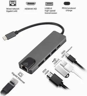 JAENFONG 5 in 1 USB Type C Hub Hdmi 4K USB C Hub to Gigabit Ethernet Rj45 Lan Adapter for Mac book Pro Thunderbolt 3 USB-C Charger