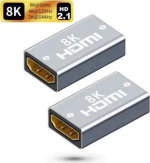 2-Pack HDMI 2.1 8K Extension Connector HD Aluminum Alloy Female to Female Adapter 2Pack HDMI 48Gbps Male to Female Converter 8K@60Hz 4K@120Hz Support 3D eArc Dynamic HDR Compatible with PS5 Xbox