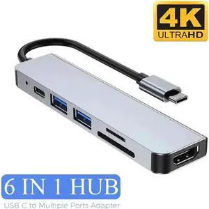 JAENFONG 6 in 1 Aluminum USB C Hub for MacBook, PowerExpand Direct USB C Adapter Compatible with 87W Power Delivery, 4K HDMI, USB C and 2 USB A Data Ports, SD and microSD Card Reader