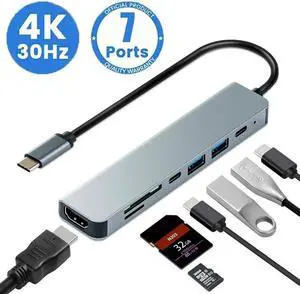 JAENFONG USB C Hub 7 in 1 Multiport Adapter with 4K HDMI Dongle, USB-C Port, 100W PD, SD/TF Card Reader, USB2.0, USB3.0, USB C Docking Station for MacBook Mac Pro/Air and Other Type C Laptops