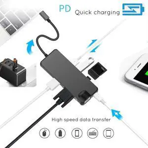 JAENFONG USB C Hub, 8 in 1 Type C Hub to HDMI 4K Video RJ45 Gigabit Ethernet VGA Adapter USB-C hub SD/TF Card Reader for MacBook Pro Huawei MateBook