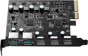 JAENFONG 5Gbps Superspeed 5-Ports PCI-E to USB Expansion Card - (3X USB C - 2X USB A) - PCI Express(PCIe) Expansion Card USB Card for Desktop PC Support Win XP Win7 Win 8 Win 10 Win 11