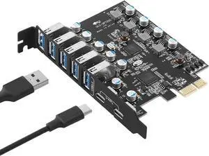 JAENFONG 7 Ports PCI-E to USB 3.0 Expansion Card, 5Gbps High Speed USB3.0 PCI-EX1 X4 X8 X16 Adapter, Internal USB3.0 Hub Converter for Desktop PC, (2X USB C - 5X USB A)