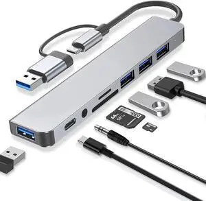 JAENFONG USB Hub 8 Ports, Multiple USB 3.0 Hub, USB A&USB-C Splitter for Laptop with TF/SD Card ReaderUSB-C,3.5mm Aux Ports for Laptop, Windows, Linux, PC and More
