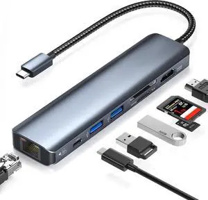 JAENFONG 7-in-1 USB-C USB C to Ethernet Adapter, USB Hub with 2xUSB3.0, 1x100W PD & 1Gbps Rj45 Network, SD/TF, 4K HDMI Adapter for Surface, Chromebook, Laptop, and More