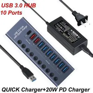 Powered USB 3.0 Hub, 10 Ports USB Data Hub Splitter [7 USB 3.0 Data Transmission Ports + 2 Smart Charging Ports + 1 PD Charging Port] USB Extension for Mouse, Keyboard, Hard Drive or More USB Devices