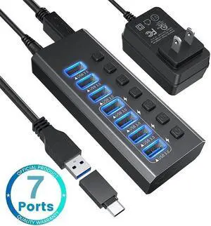 JAENFONG Powered USB Hub 3.0, 7-Port USB 3.0 Splitter Hub with Individual On/Off Switches and 12V Power Adapter USB Extension for MacBook, Mac Pro/Mini and More