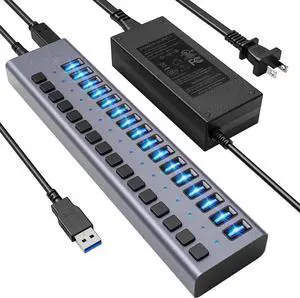 JAENFONG Powered USB Hub 3.0,Aluminum 16-Port USB Data Hub Splitter with 16 Data HUB and Charging Port and Individual On/Off Switches and 12V/7.5A Power Adapter for MacBook, Mac Pro/Mini and More.