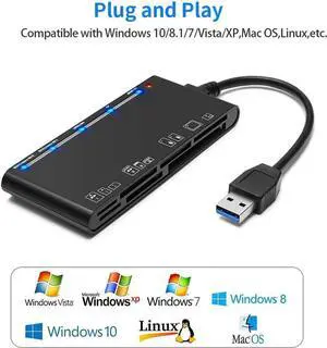 JAENFONG 7-in-1 Multi Memory Card Reader, USB 3.0 SD Card Reader Writer(5Gbps) Read 7 Cards Simultaneously for SD/Micro SD/MS/CF/MMC/XD/SDHC/SDXC Camera Memory Card