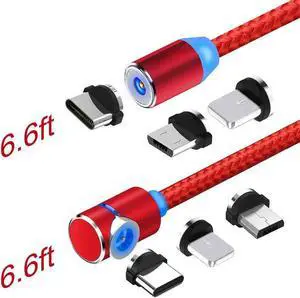 JAENFONG Magnetic Phone Charger Cable, Nylon Braided 3 in 1 Fast Charging & Data Sync LED Magnetic Cable for Android Micro Cable,Type C Cable and iProduct,(2-Pack,3.3ft) - (Black)