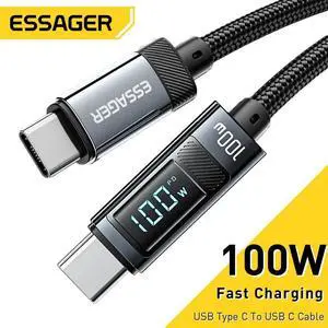 JAENFONG [1-Pack 3.3ft] USB C to USB C Cable 5A PD 100W C to C Super Fast Charging,LED Display USB C Charging Cable 200Mbps Data Nylon Braided Charge Cable for Samsung Galaxy iPad MacBook
